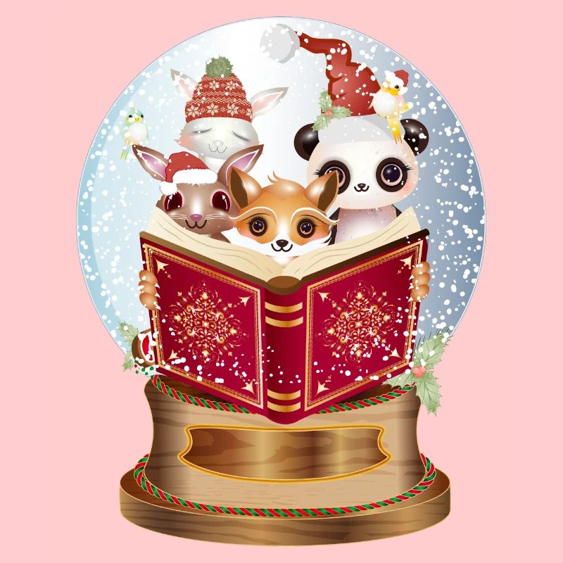 Animals reading in a snow globe at Christmas