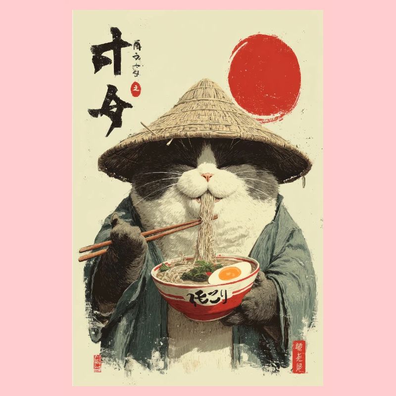 Chat samouraï mangeant des ramen