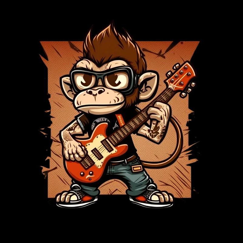 Affe Schimpanse spielt Acousitc Rock Gitarre