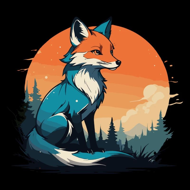 Fox Cute and Cool Cartoon Forest Sunset Mountain