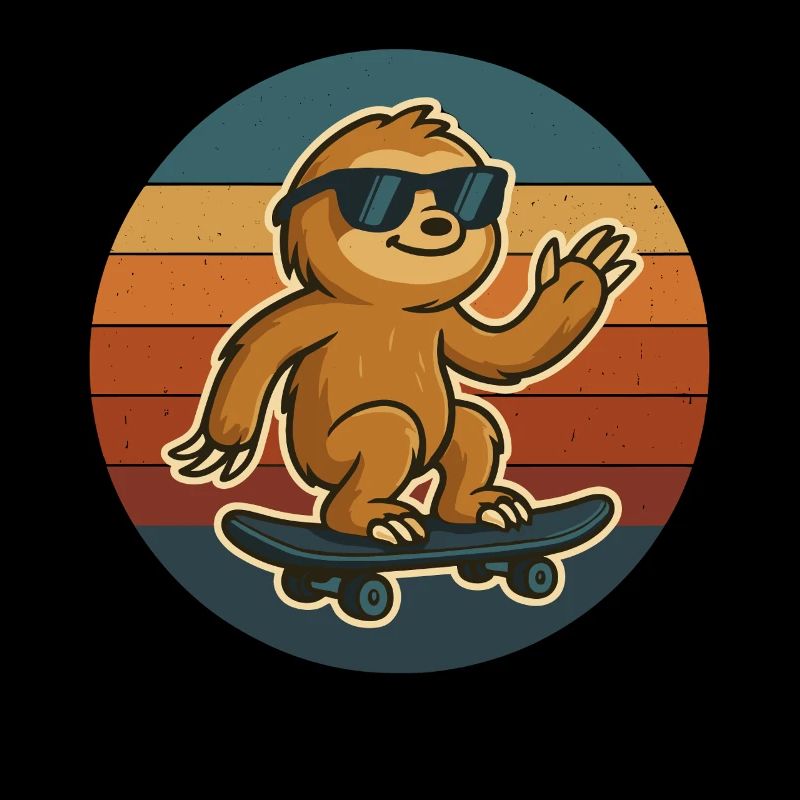 Retro sloth on skateboard with glasses