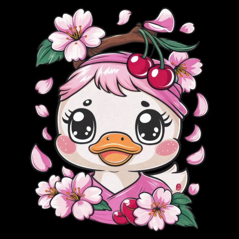 Duckling with cherries and sakura cherry blossoms