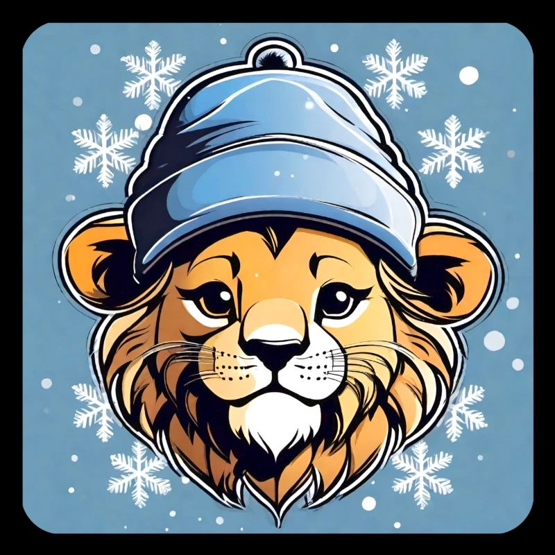 Lion mignon avec chapeau d’hiver et flocons de neige