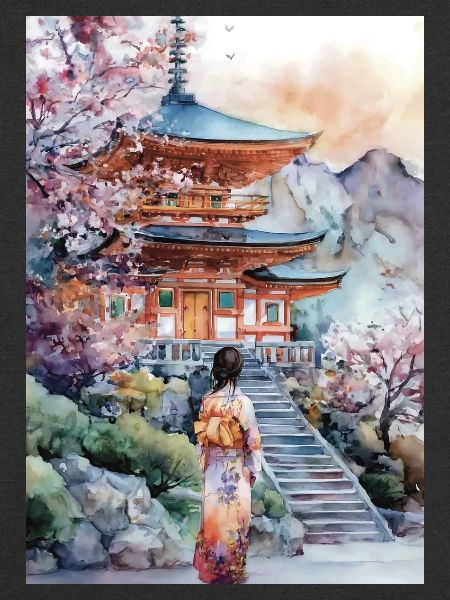 Kimono-Pagode und Kirschbäume