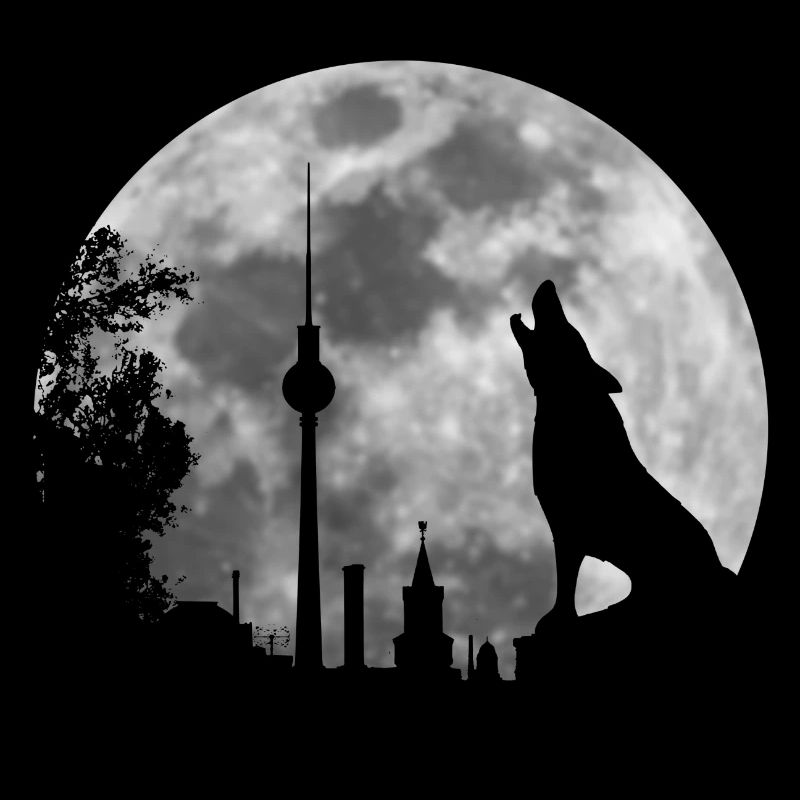 heulender Wolf Vollmond Skyline Berlin Geschenk