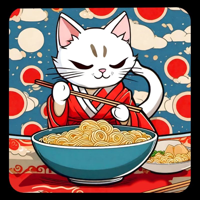 Cute Asian cat and ramen noodles