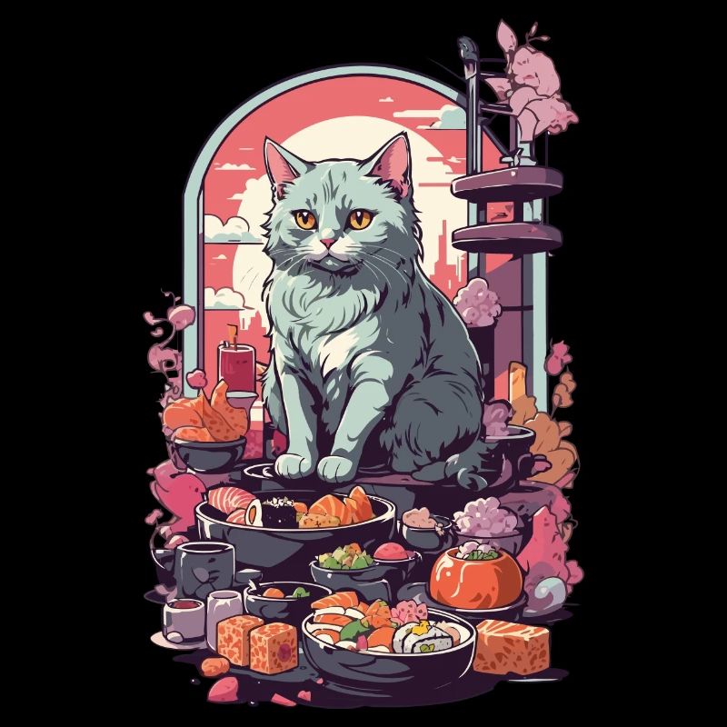 Retro Cat Sushi Sashimi Ukiyo-E Art Style