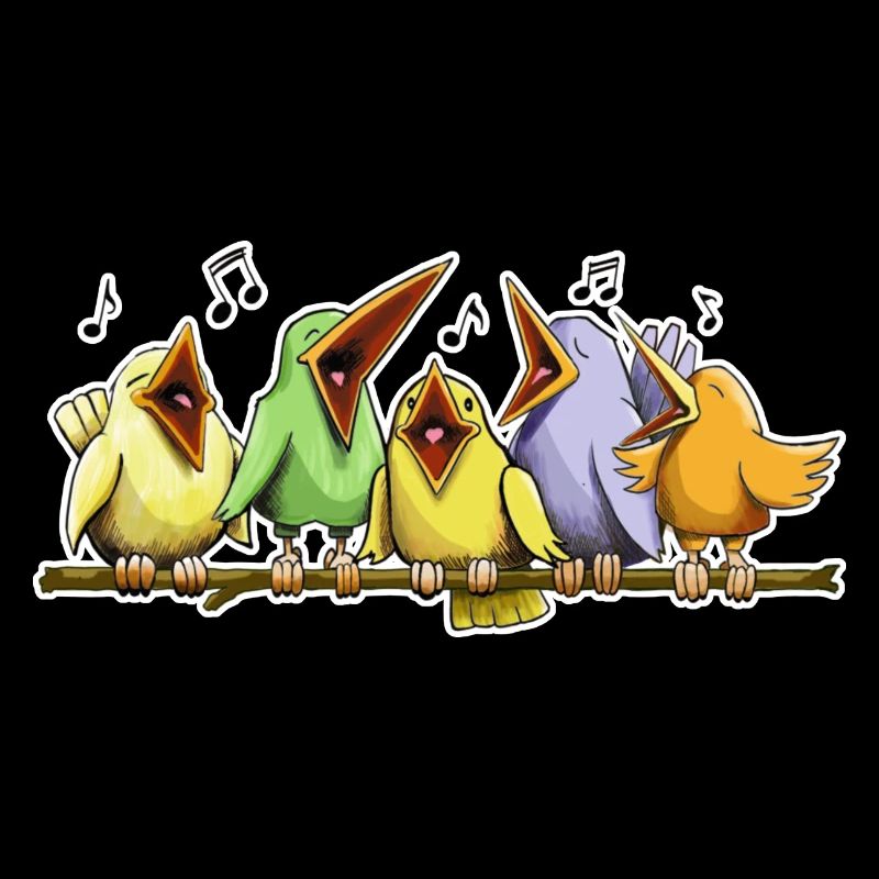 Five birds singing hard