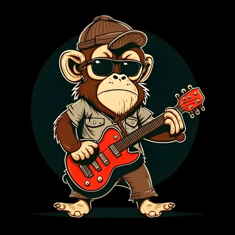 Affe Schimpanse spielt Acousitc Rock Gitarre