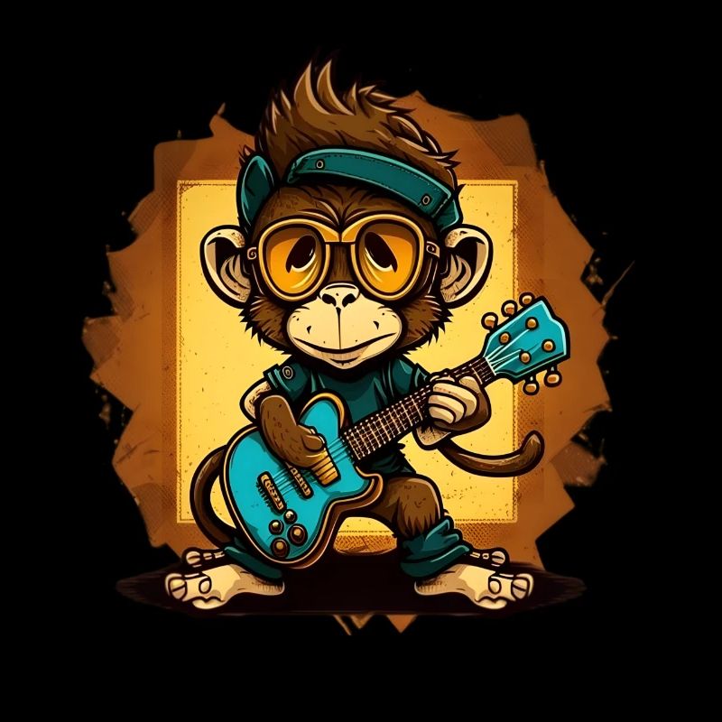 Affe Schimpanse spielt Acousitc Rock Gitarre