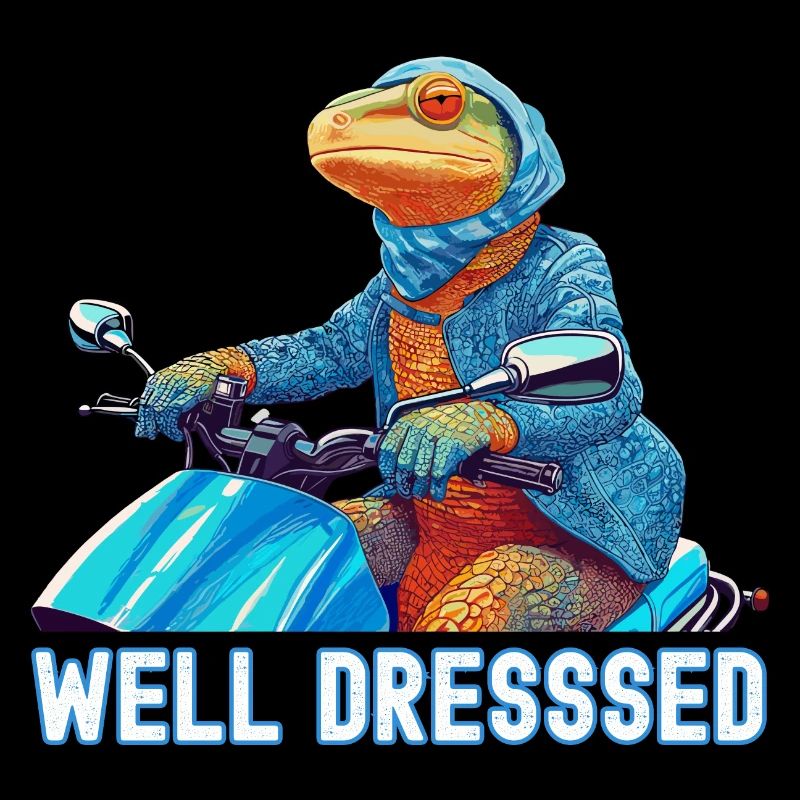 Ein gut gekleidetes Reptil fährt einen Roller (Eidechse)