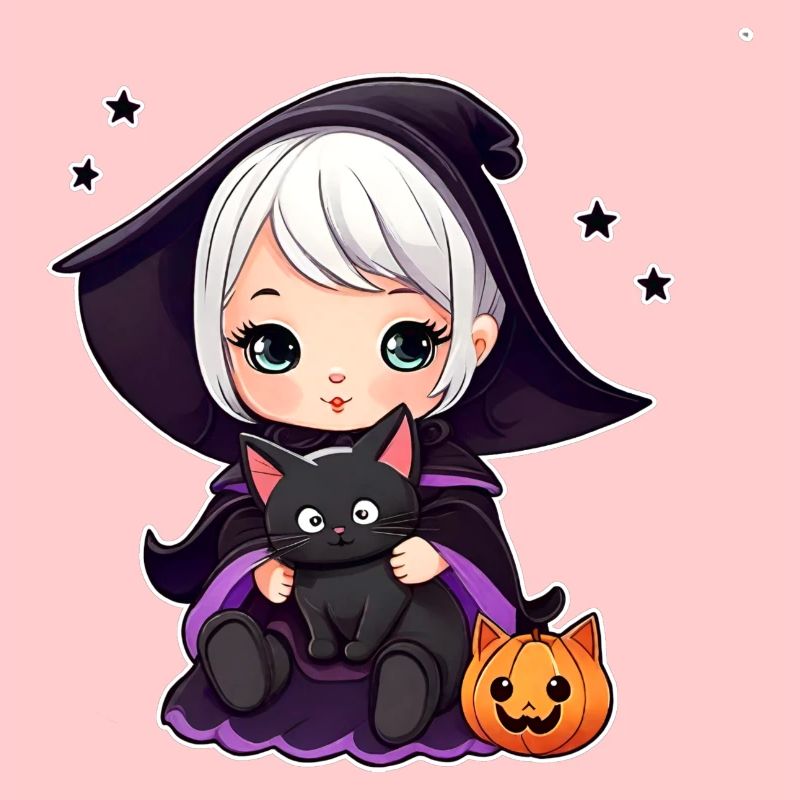 Cute witch with black cat