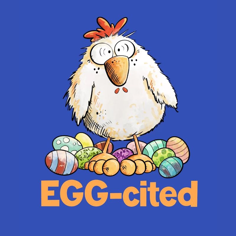 Excited Chicken with Easter Eggs Saying Eggcited