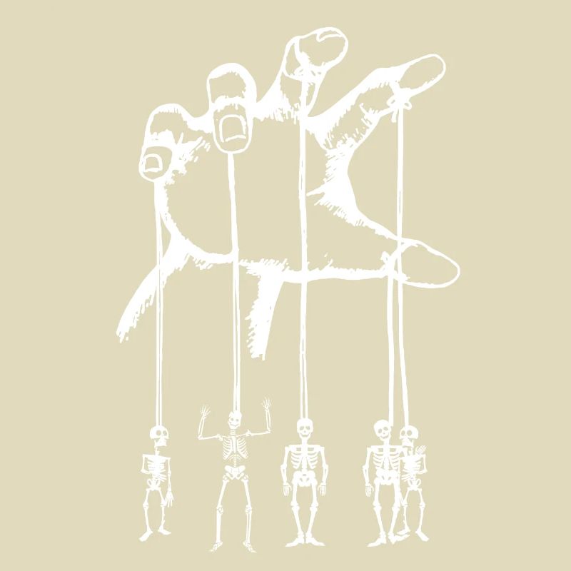 Skeleton marionettes on a hand pulling string over white