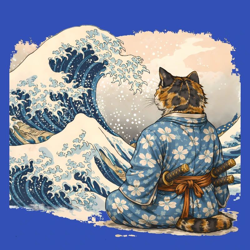 Samurai Cat Wave Japanese Ukiyo-e Style