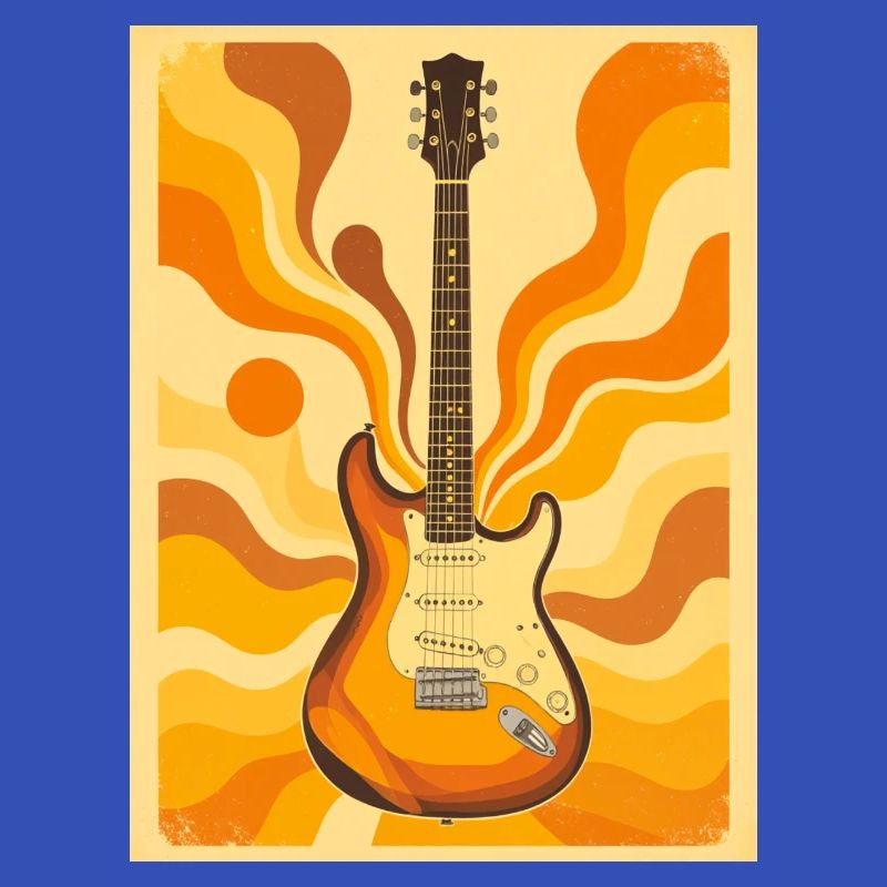 Psychedelische Retro-Gitarre mit lebendigen Siebzigern