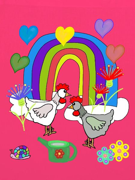 Kinder Fantasy Regenbogen Blumen Hühner 