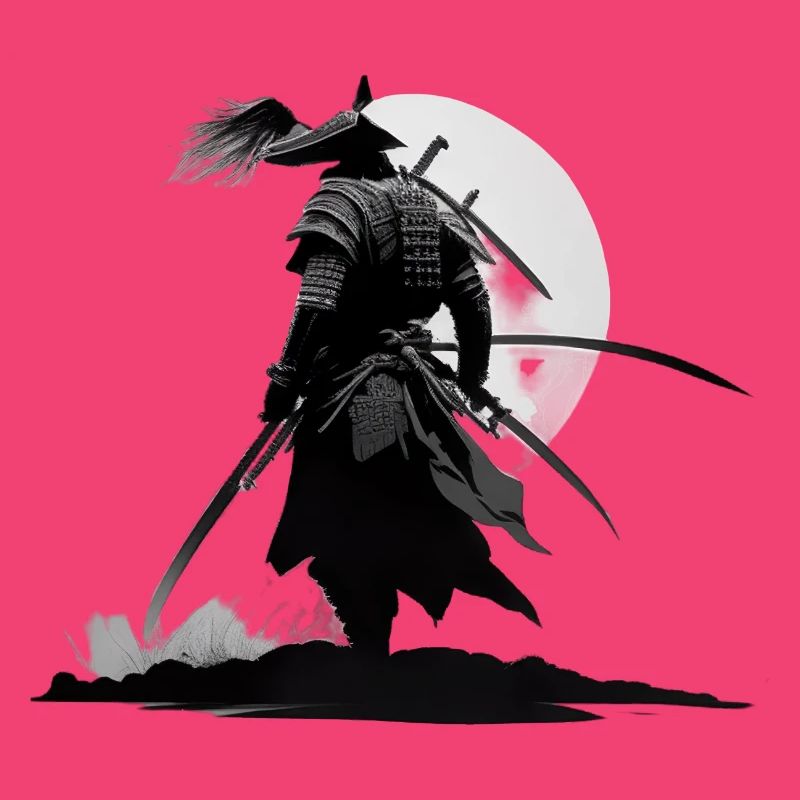 Samouraï japonais avec épée devant la lune