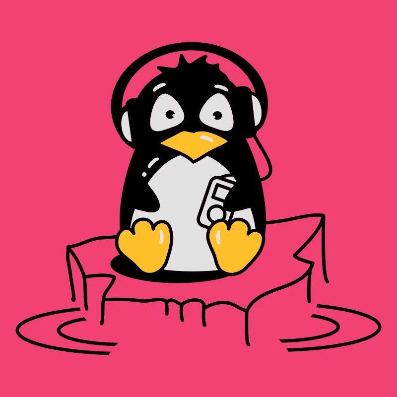 Cooler Pinguin mit Kopfhörern auf Eis