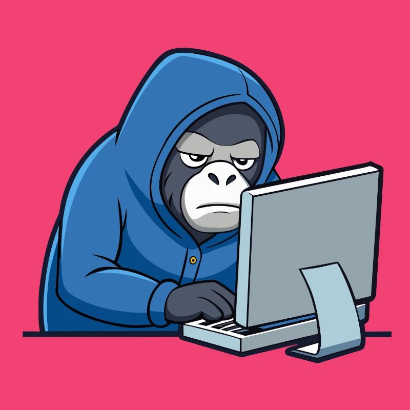 Mignon gorille hacker en sweat à capuche devant le PC