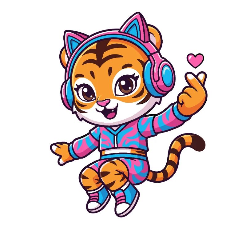 Tanzender Tiger mit Katzenkopfhörern