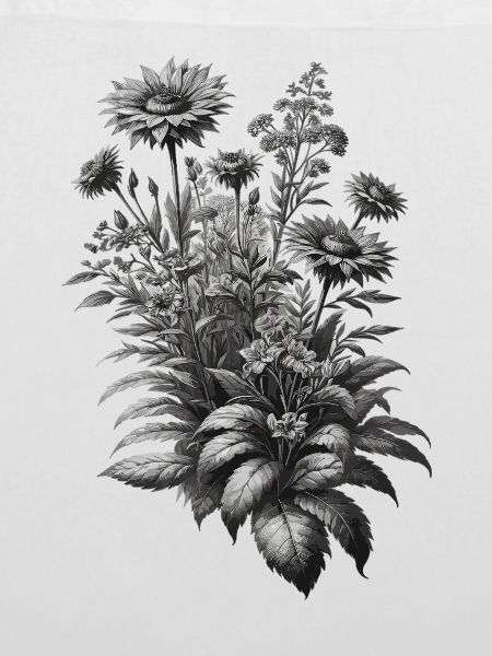 Graue Botanische Blumenbouquet Illustration