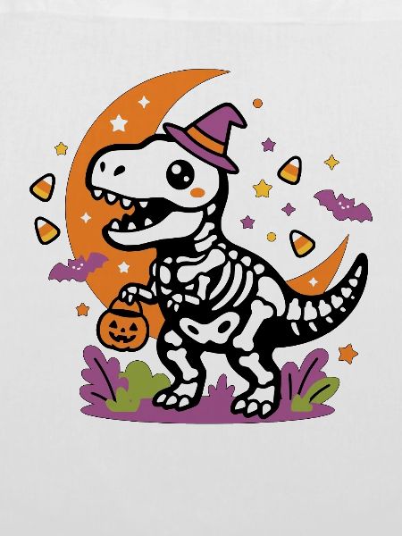Skelett-Dinosaurier hält Kürbiskorb Halloween