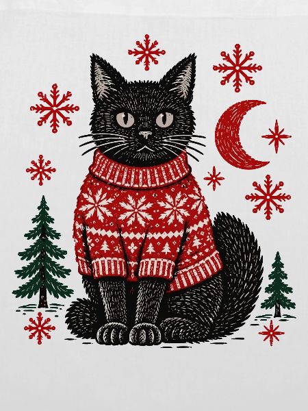 Weihnachtsschwarze Katze im gestrickten Pullover