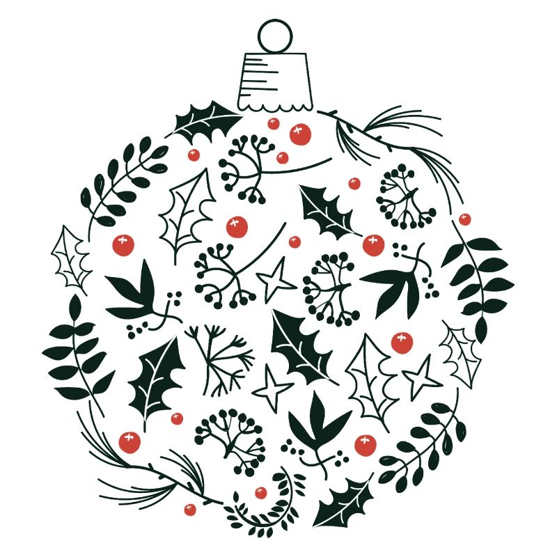 Weihnachtskugel mit Stechpalme und Vogelbeerblättern