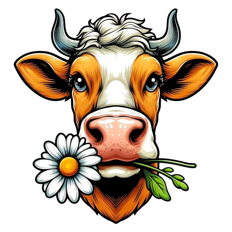 Kuh mit einer Gänseblümchenblume im Maul Blumen