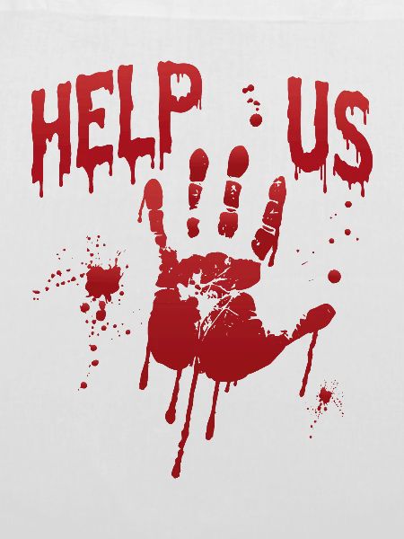 Blutiger Handabdruck Helfen Sie uns