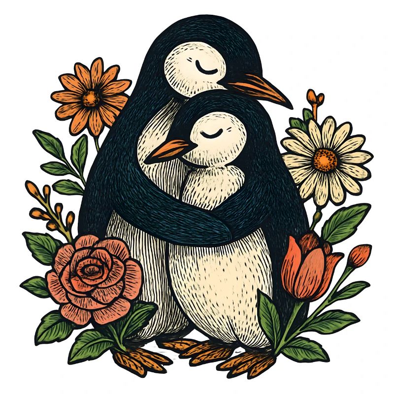 Kuschelnde Pinguine im Blumengarten