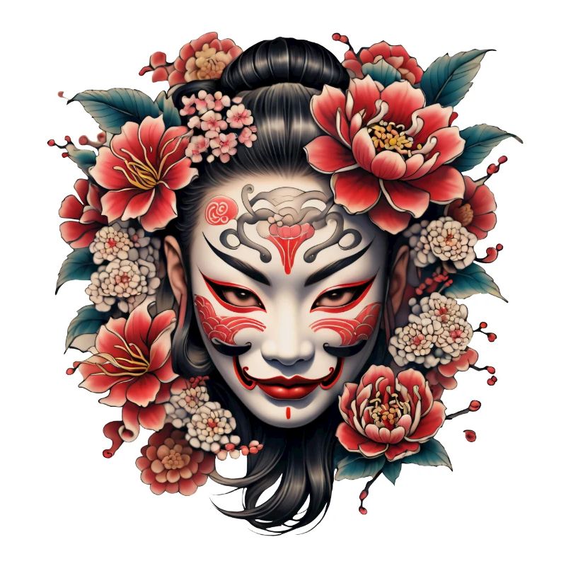 Masque japonais décoré de fleurs.