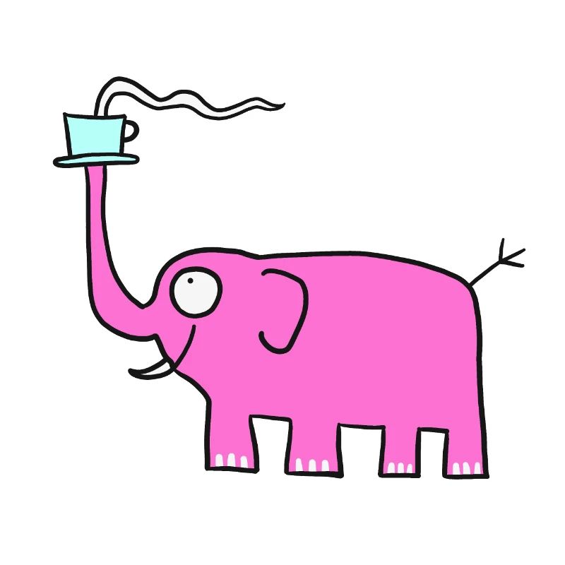 Éléphant rose avec café