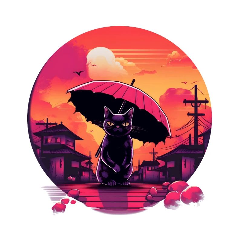 Synthwave japan Chat avec parapluie