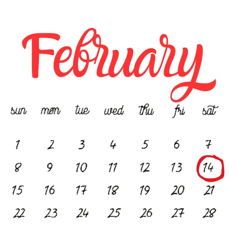 February Calendar in Red Script -Valentine's Day