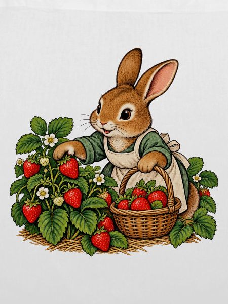 Hase bei der Erdbeerernte