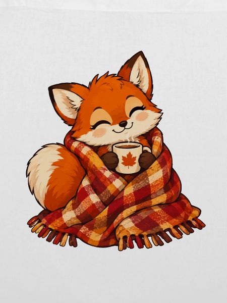 Fuchs mit Herbstschal und Kaffee