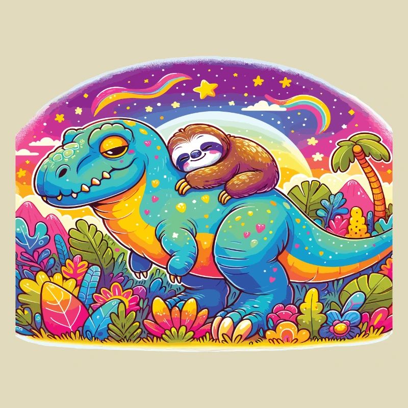 Sleeping sloth on a dinosaur