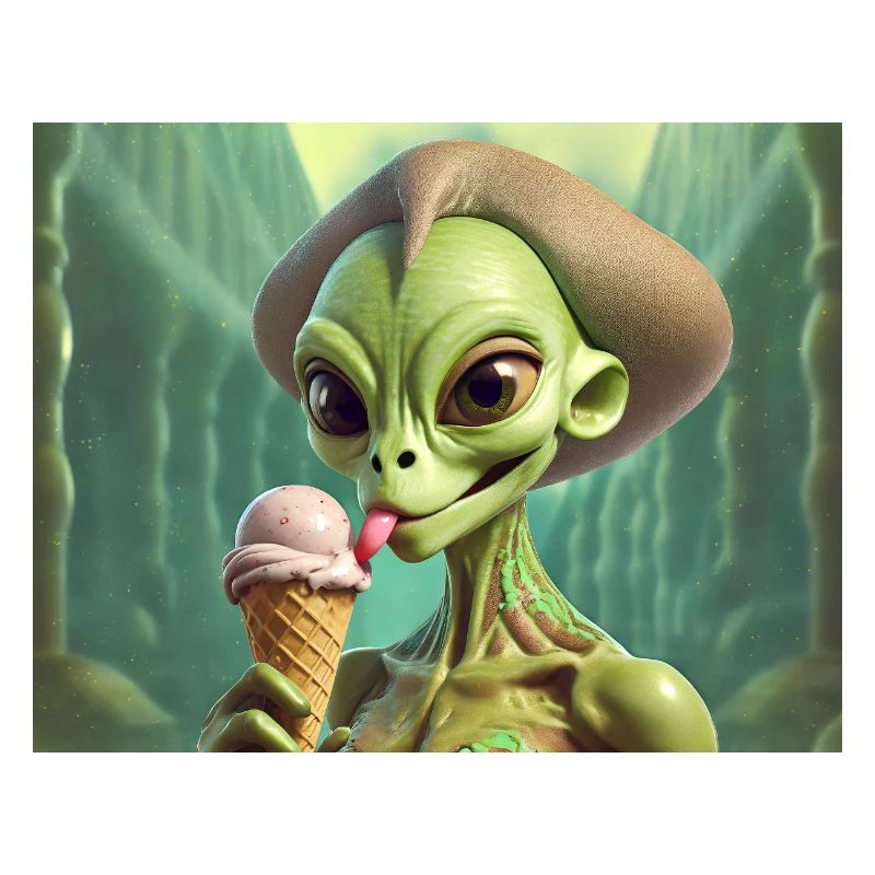 Alien gris à la surface de la lune – manger de la crème glacée