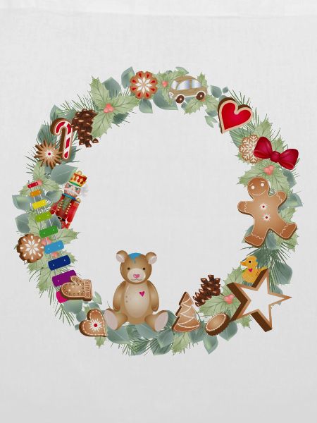 Bunter Weihnachtskranz mit Spielzeug und Lebkuchen