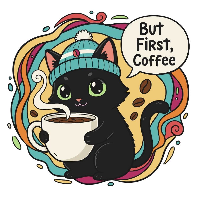 Kaffeezeit Katze mit Mütze