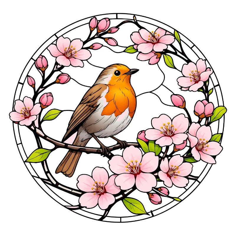 Robin with cherry blossoms stained glass window style