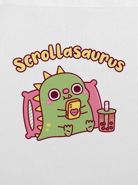 Niedlicher Scrollasaurus-Dinosaurier scrollt auf dem Handy
