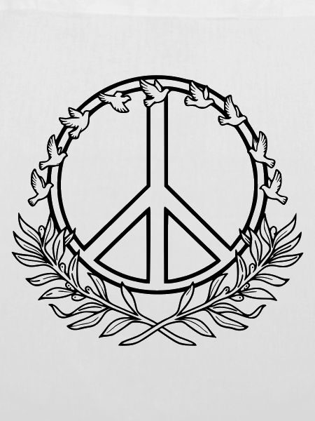 Peacezeichen mit Friedenstauben und Lorbeerzweigen