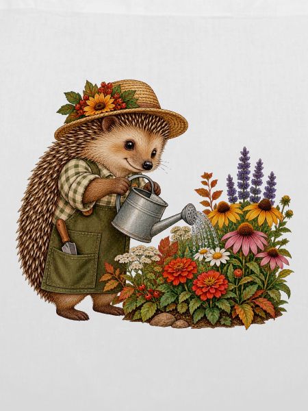 Igel gießt Gartenblumen