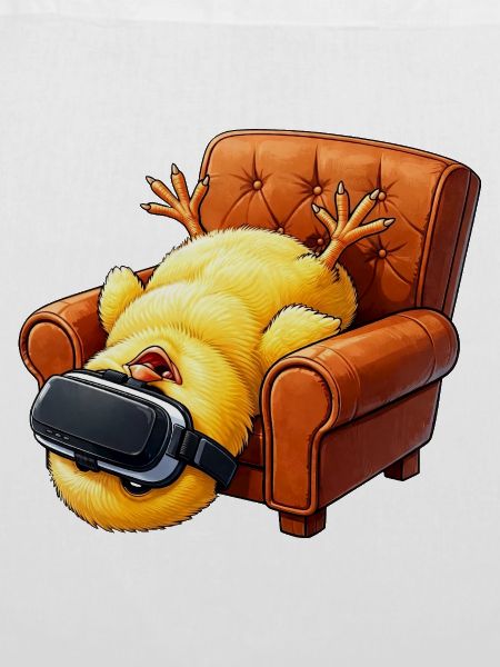 Küken mit VR Brille im Sessel