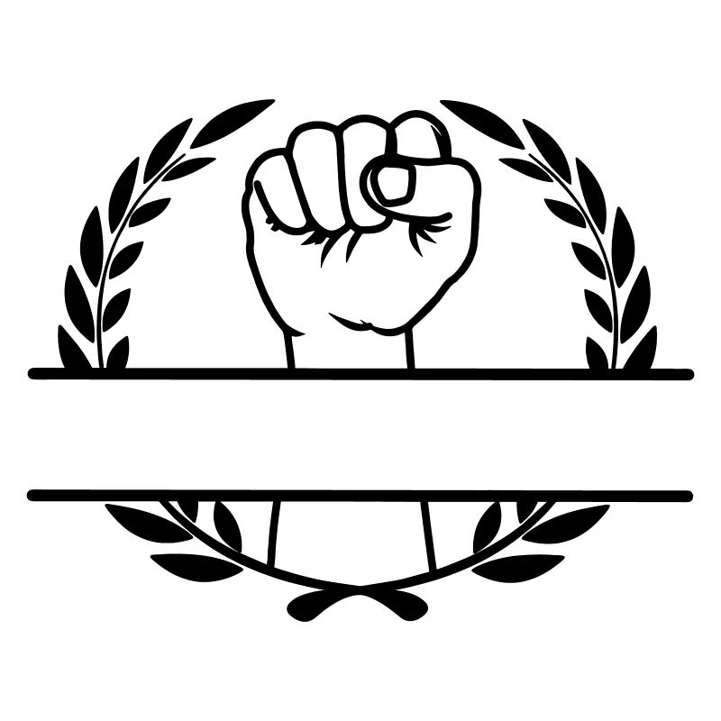 Fist held up in laurel wreath for name