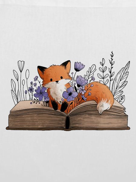 Fuchs auf einem Buch mit Blumen