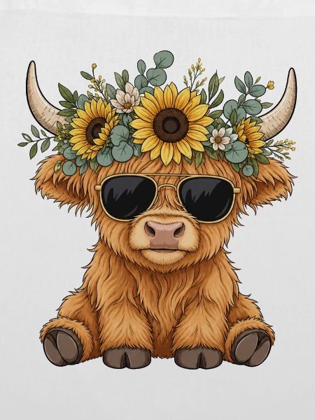 Hippie Highland Kuh mit Sonnenblumen